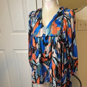 Mittoshop Abstract V-Neck Blouse - Blue, Orange, Black